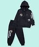 Kiddopanti Fleece Knit Full Sleeves Space Theme Printed Hooded Sweatshirt With Track Pants Set - Black