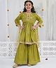 Little Bansi 100% Cotton With Chanderi Silk Woven Three Fourth Sleeves Floral Embroidered Sequin Embellished Kurti Sharara With Dupatta - Mehendi Green
