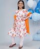 Little Bansi 100% Cotton With Muslin Woven Three Fourth Sleeves Marigold Printed Angrakha Kurti With Pant & Dupatta - Baby Pink