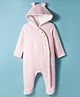 Babyoye Cotton Knit Full Sleeves Solid Dyed Hooded Footed Sleepsuit with Ear Applique - Pink
