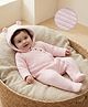 Babyoye Cotton Knit Full Sleeves Solid Dyed Hooded Footed Sleepsuit with Ear Applique - Pink