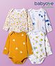 Babyoye 100% Cotton Knit Full Sleeves Onesies With Floral & Animal & Heart Print Pack of 4 - Yellow Blue & White
