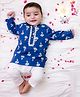 KID1 Cotton Woven Full Sleeves Floral Printed Lace Detailed Kurta Pyjama Set - Blue