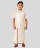 THANGAMAGAN Viscose Woven Half Sleeves Solid Shirt & Foil Striped Self Attaching Dhoti Set - Butter Sandal