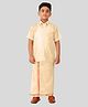 THANGAMAGAN Viscose Woven Half Sleeves Solid Shirt & Foil Striped Self Attaching Dhoti Set -  Eggnog Sandal