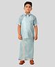 THANGAMAGAN Viscose Woven Half Sleeves Solid Shirt & Foil Striped Self Attaching Dhoti Set - Cactus Green