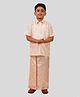 THANGAMAGAN Viscose Woven Half Sleeves Solid Shirt & Foil Striped Self Attaching Dhoti Set - Light Copper