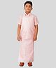 THANGAMAGAN Viscose Woven Half Sleeves Solid Shirt & Foil Striped Self Attaching Dhoti Set - Light Pink