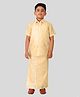 THANGAMAGAN Viscose Woven Half Sleeves Solid Shirt & Foil Striped Self Attaching Dhoti Set - Light Yellow