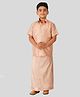 THANGAMAGAN Viscose Woven Half Sleeves Solid Shirt & Foil Striped Self Attaching Dhoti Set - Copper