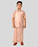 THANGAMAGAN Viscose Woven Half Sleeves Solid Shirt & Foil Striped Self Attaching Dhoti Set - Asian Peach