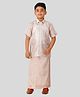 THANGAMAGAN Viscose Woven Half Sleeves Solid Shirt & Foil Striped Self Attaching Dhoti Set - Light Ash