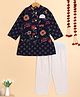 The Magic Wand Cotton Woven Full Sleeves Floral Printed Kurta Pyjama With Jacket Set - Navy Blue
