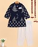 The Magic Wand Cotton Woven Full Sleeves Floral Printed Kurta Pyjama With Jacket Set - Navy Blue