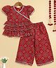 The Magic Wand Woven Half Puffed Sleeves Ethnic Printed Gota Lace Embellished Coordinating Top & Pant Set - Red