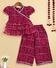 The Magic Wand Woven Half Puffed Sleeves Bandhani Printed Gota Lace Embellished Coordinating Top & Pant Set - Fuchsia