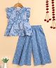 The Magic Wand Cotton Woven Frill Sleeveless Floral Printed Top & Palazzo Set - Blue