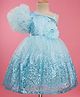 Bluebell Net Woven Sleeveless Party Frock With Floral Applique & Sequin Detailing - Light Blue