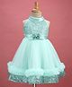 Bluebell Net Woven Sleeveless Sequinned Halter Neck Dress With Frill Detailing & Bow Applique - Sea Green