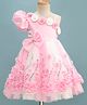 Bluebell Net Woven Half Sleeves Dress With Floral Corsage & Bow Applique - Pink