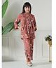 Bella Moda Cotton Woven Three Fourth Bell Sleeves Floral Printed Shirt Style Top & Coordinating Pant Set - Brown