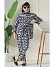 Bella Moda Cotton Woven Three Fourth Bell Sleeves Leaves Printed Top & Coordinating Pant Set - Navy Blue