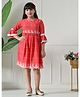 Bella Moda Cotton Woven Three Fourth Bell Sleeves Floral Embroidered Dress - Red