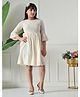 Bella Moda Cotton Woven Three Fourth Bell Sleeves Floral Embroidered Dress - Cream