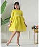 Bella Moda Cotton Woven Three Fourth Bell Sleeves Floral Embroidered Dress - Yellow