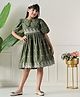 Bella Moda Cotton Woven Half Puffed Sleeves Floral Embroidered Dress - Light Green