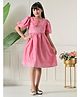 Bella Moda Cotton Woven Half Puffed Sleeves Floral Embroidered Dress - Pink
