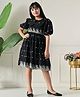 Bella Moda Cotton Woven Half Puffed Sleeves Floral Embroidered Dress - Black