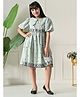 Bella Moda Cotton Woven Half Puffed Sleeves Floral Embroidered Dress - Sky Blue