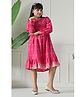 Bella Moda Cotton Woven Full Peasant Sleeves Floral Embroidered Dress - Pink