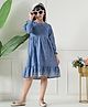 Bella Moda Cotton Woven Three Fourth Peasant Sleeves Floral Embroidered Dress - Aqua Blue