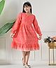 Bella Moda Cotton Woven Three Fourth Peasant Sleeves Floral Embroidered Dress - Peach