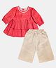 Halemons Pure Cotton Woven Three Fourth Puffed Sleeves Chevron Printed Peplum Top & Palazzo Set - Red