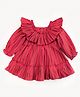 Halemons Pure Cotton Woven Full Puffed Sleeves Striped Frill Detailed Tiered Dress - Red