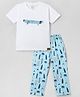 Funkrafts Premium Cotton Knit Half Sleeves Skateboard Patch Detailed Tee & Pajama Set - White & Blue