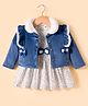 ToffyHouse Cotton Woven Frock & Full Sleeves Jacket With Floral Print & Bow Applique - Off White & Blue
