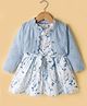 ToffyHouse Cotton Woven Frock & Full Sleeves Shrug With Floral Print & Bow Applique - White & Light Blue