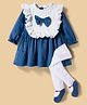 ToffyHouse Cotton Knit Full Sleeves Frock With Stocking & Frill & Bow Detailing  - White & Blue