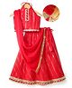 EARTHY TOUCH Lurex Woven Sleeveless Halter Neck Choli Lehenga Set with Dupatta & Foil Print - Red