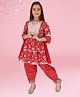 Cutecumber Cotton Woven Three Fourth Sleeves Jaipuri Block Printed & Gota Lace Embellished Kurti Salwar With Dupatta Set - Red