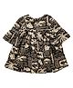 Snowflakes Cotton Woven Half Bell Sleeves Floral & Leaves Printed Dress - Black