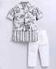 LITTLE COLLARS Blended Woven Full Sleeves Striped Kurta Pyjama Set With Floral Printed Jacket Set - Cream