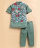 LITTLE COLLARS Organic Cotton Woven Full Sleeves Solid Kurta Pyjama With Floral Printed Jacket Set - Green