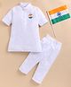 LITTLE COLLARS Cotton Blend Woven Independence Day Theme Full Sleeves Solid Kurta Pyjama With Indian Flag & Badge Set - White