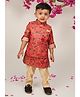 LITTLE COLLARS Silk Woven Full Sleeves Floral Printed Kurta Pyjama With Nehru Jacket & Brooch Set - Rust Orange