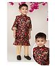 LITTLE COLLARS Silk Woven Full Sleeves Floral Printed Kurta Pyjama With Nehru Jacket & Brooch Set - Wine